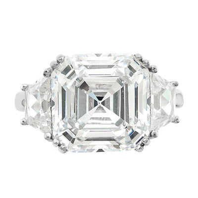 Cheryl M Sterling Silver Rhodium-plated Asscher-cut and Brilliant-cut CZ 3 Stone Ring