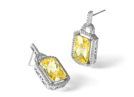 Cheryl M Sterling Silver Rhodium-plated Fancy Yellow Checkerboard-cut and White Brilliant-cut CZ Post Dangle Earrings