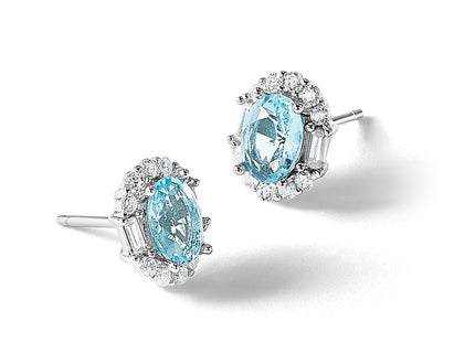 Cheryl M Sterling Silver Rhodium-plated Blue & White Brilliant-cut and Emerald-cut CZ Oval Post Earrings