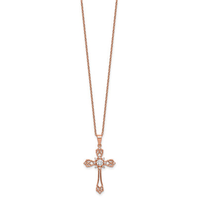 Cheryl M Sterling Silver Rose Gold-plated Polished CZ Cross with Extension Necklace