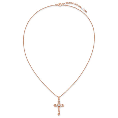 Cheryl M Sterling Silver Rose Gold-plated Polished CZ Cross with Extension Necklace