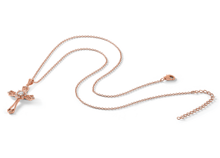 Cheryl M Sterling Silver Rose Gold-plated Polished CZ Cross with Extension Necklace