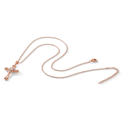 Cheryl M Sterling Silver Rose Gold-plated Polished CZ Cross with Extension Necklace