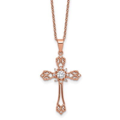 Cheryl M Sterling Silver Rose Gold-plated Polished CZ Cross with Extension Necklace