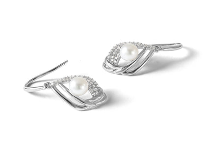 Cheryl M Sterling Silver Rhodium-plated Freshwater Cultured Pearl and Brilliant-cut CZ Teardrop Shepherd Hook Dangle Ear