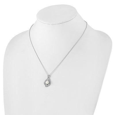 Cheryl M Sterling Silver Rhodium-plated Freshwater Cultured Pearl and Brilliant-cut CZ Teardrop Design Necklace with Extender