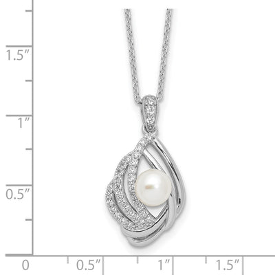 Cheryl M Sterling Silver Rhodium-plated Freshwater Cultured Pearl and Brilliant-cut CZ Teardrop Design Necklace with Extender