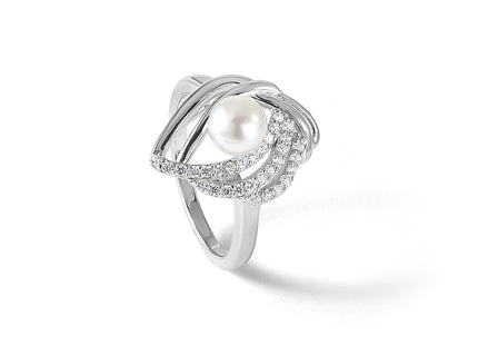 Cheryl M Sterling Silver Rhodium-plated Freshwater Cultured Pearl and Brilliant-cut CZ Fancy Teardrop Design Ring