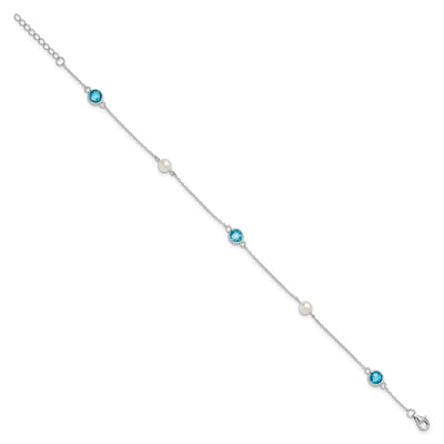 Cheryl M Sterling Silver Rhodium-plated Blue Double Pineapple-cut CZ & White Freshwater Cultured Pearl 5 Station Anklet with Extender, 10 x 7mm