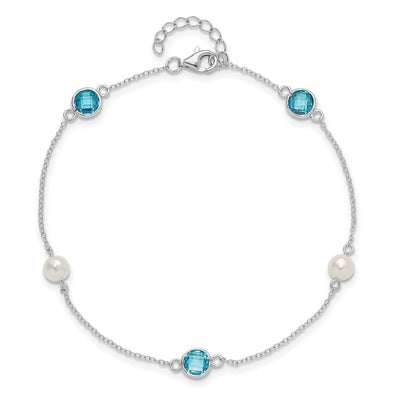 Cheryl M Sterling Silver Rhodium-plated Blue Double Pineapple-cut CZ & White Freshwater Cultured Pearl 5 Station Anklet with Extender, 10 x 7mm