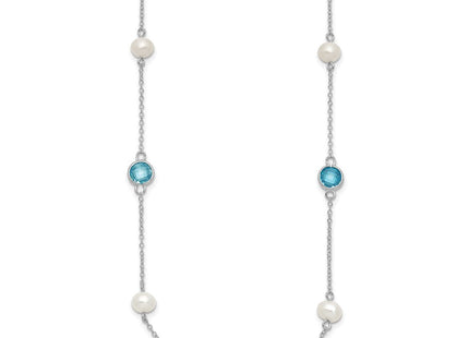 Cheryl M Sterling Silver Rhodium-plated Blue Double Pineapple-cut CZ & White Freshwater Cultured Pearl 5 Station Anklet with Extender (Style QCM1652-18)