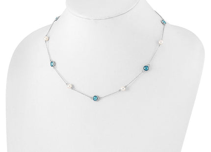 Cheryl M Sterling Silver Rhodium-plated Blue Double Pineapple-cut CZ & White Freshwater Cultured Pearl 5 Station Anklet with Extender (Style QCM1652-18)