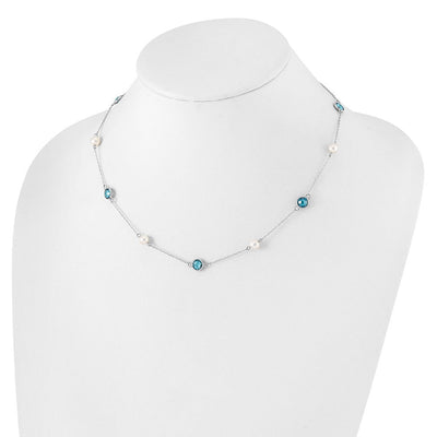 Cheryl M Sterling Silver Rhodium-plated Blue Double Pineapple-cut CZ & White Freshwater Cultured Pearl 5 Station Anklet with Extender, 18 x 7mm