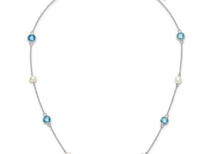 Cheryl M Sterling Silver Rhodium-plated Blue Double Pineapple-cut CZ & White Freshwater Cultured Pearl 5 Station Anklet with Extender (Style QCM1652-18)
