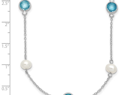 Cheryl M Sterling Silver Rhodium-plated Blue Double Pineapple-cut CZ & White Freshwater Cultured Pearl 5 Station Anklet with Extender (Style QCM1652-18)