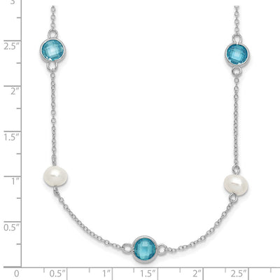 Cheryl M Sterling Silver Rhodium-plated Blue Double Pineapple-cut CZ & White Freshwater Cultured Pearl 5 Station Anklet with Extender, 18 x 7mm