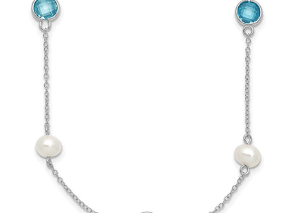 Cheryl M Sterling Silver Rhodium-plated Blue Double Pineapple-cut CZ & White Freshwater Cultured Pearl 5 Station Anklet with Extender (Style QCM1652-18)