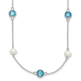 Cheryl M Sterling Silver Rhodium-plated Blue Double Pineapple-cut CZ & White Freshwater Cultured Pearl 5 Station Anklet with Extender (Style QCM1652-18)