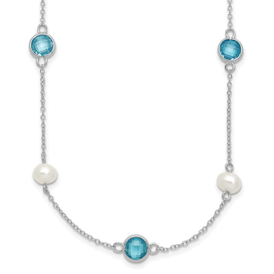 Cheryl M Sterling Silver Rhodium-plated Blue Double Pineapple-cut CZ & White Freshwater Cultured Pearl 5 Station Anklet with Extender, 18 x 7mm