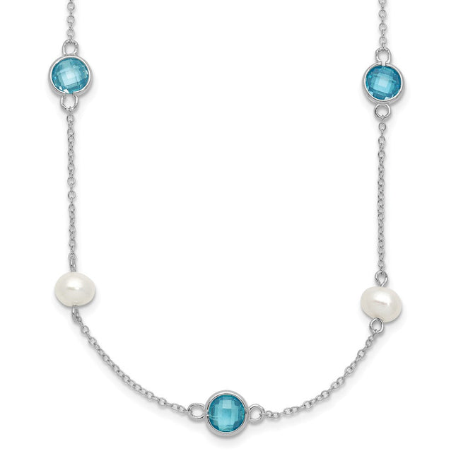 Cheryl M Sterling Silver Rhodium-plated Blue Double Pineapple-cut CZ & White Freshwater Cultured Pearl 5 Station Anklet with Extender, 18 x 7mm