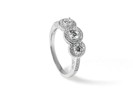 Cheryl M Sterling Silver Rhodium-plated Brilliant-cut CZ Three Stone Halo w/ Side Stones Ring