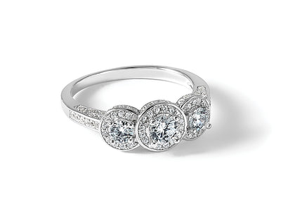 Cheryl M Sterling Silver Rhodium-plated Brilliant-cut CZ Three Stone Halo w/ Side Stones Ring