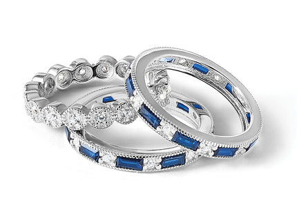 Cheryl M Sterling Silver Rhodium-plated Emerald-cut & Brilliant-cut Blue and White CZ Three Piece Eternity Ring Set