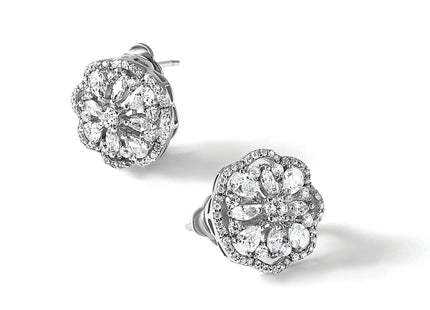 Cheryl M Sterling Silver Rhodium-plated Brilliant-cut and Marquise-cut CZ Flower Post Omega Earrings