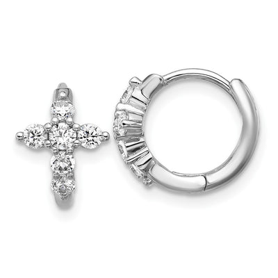 Cheryl M Sterling Silver Rhodium-plated Polished CZ Cross Hinged Round Hoop Earrings