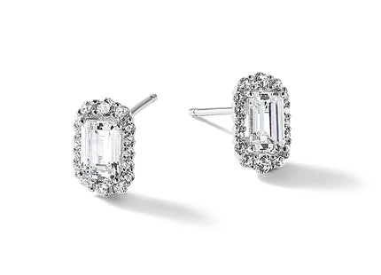 Cheryl M Sterling Silver Rhodium-plated Polished Emerald-cut CZ Halo Post Earrings