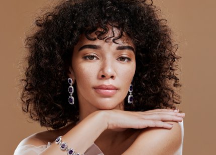 Cheryl M Sterling Silver Rhodium-plated Polished Fancy Purple and White CZ Halo Cluster Post Dangle Earrings