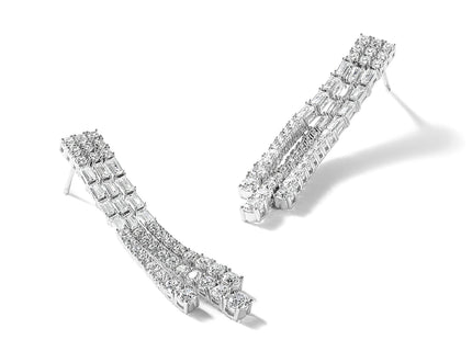Cheryl M Sterling Silver Rhodium-plated Polished Fancy 3-Row CZ Post Dangle Earrings, 48 x 9mm