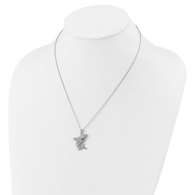 Cheryl M Sterling Silver Rhodium-plated Polished Lab Created Black Spinel and CZ Shark with Extension Necklace