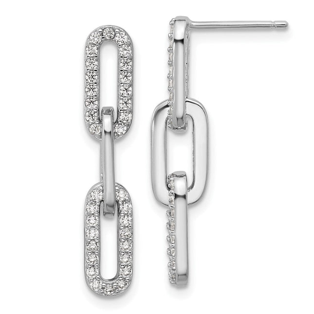 Cheryl M Sterling Silver Rhodium-plated Polished CZ Paperclip Link Post Dangle Earrings, 28.1 x 5.1mm