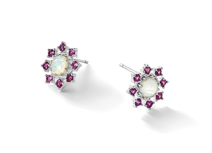 Cheryl M Sterling Silver Rhodium-plated Polished Created Opal and Pink Crystal Flower Post Earrings