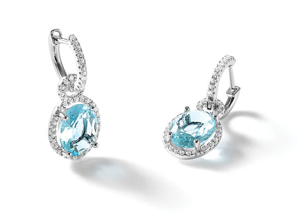Cheryl M Sterling Silver Rhodium-plated Polished Aqua Glass and CZ Dangle Hinged Round Hoop Earrings