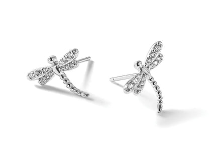 Cheryl M Sterling Silver Rhodium-plated Polished and Beaded CZ Dragonfly Post Earrings