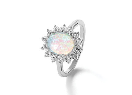 Cheryl M Sterling Silver Rhodium-plated Polished Created Opal and CZ Oval Halo Ring