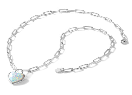 Cheryl M Sterling Silver Rhodium-plated Polished Created Opal Heart Paperclip Link Necklace