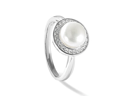 Cheryl M Sterling Silver Rhodium-plated Polished Freshwater Cultured Pearl and CZ Halo Ring