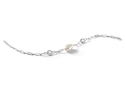 Cheryl M Sterling Silver Rhodium-plated Polished Freshwater Cultured Pearl and CZ Link with . Extension Bracelet