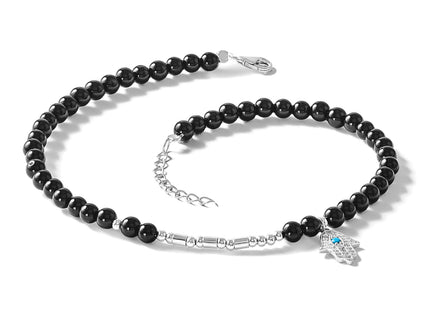 Cheryl M Sterling Silver Rhodium-plated Polished Onyx Crystal and CZ Hamsa 9. with Extension Anklet