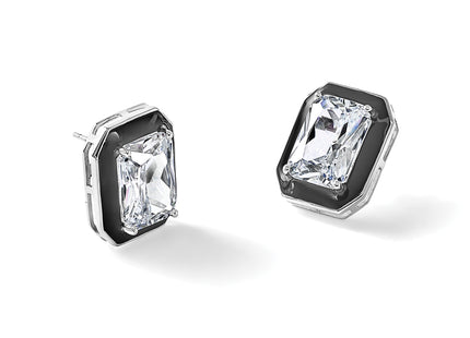Cheryl M Sterling Silver Rhodium-plated Polished Black Enamel and Emerald-cut CZ Post Earrings