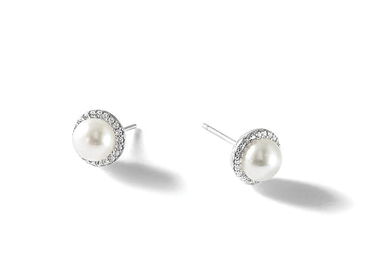 Cheryl M Sterling Silver Rhodium-plated Polished Freshwater Cultured Pearl and CZ Halo Post Earrings