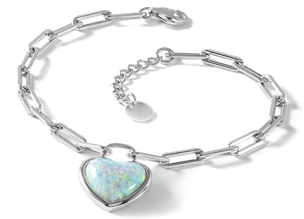 Cheryl M Sterling Silver Rhodium-plated Polished Created Opal Heart Paperclip Link with Extension Bracelet