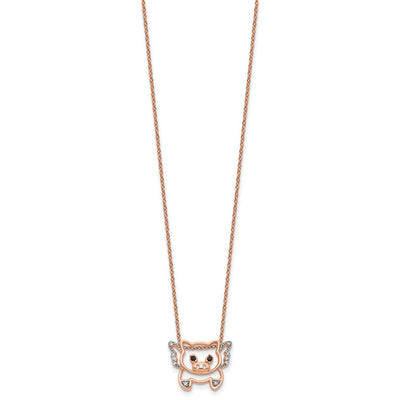 Cheryl M Sterling Silver Rose Gold-plated Polished Black and White CZ Flying Pig with Extension Necklace