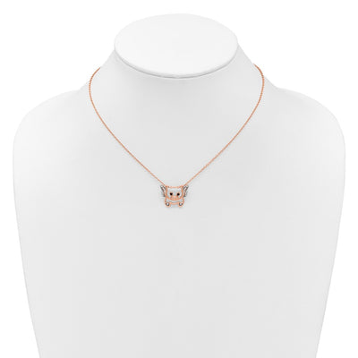 Cheryl M Sterling Silver Rose Gold-plated Polished Black and White CZ Flying Pig with Extension Necklace