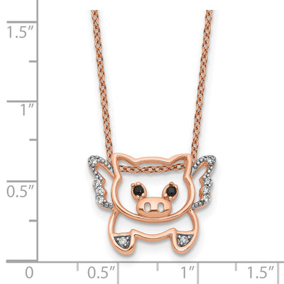 Cheryl M Sterling Silver Rose Gold-plated Polished Black and White CZ Flying Pig with Extension Necklace
