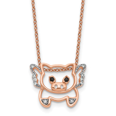 Cheryl M Sterling Silver Rose Gold-plated Polished Black and White CZ Flying Pig with Extension Necklace