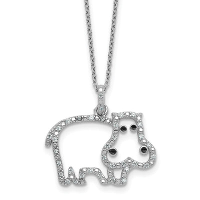 Cheryl M Sterling Silver Rhodium-plated Polished and Enameled CZ Hippopotamus with Extension Necklace